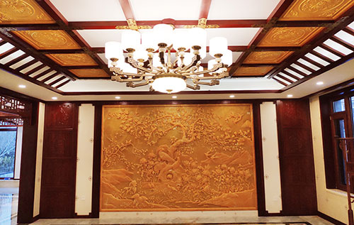 宁县中式别墅客厅中式木作横梁吊顶装饰展示