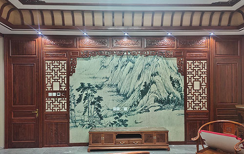 宁县中式仿古别墅客厅背景墙花格木作装饰